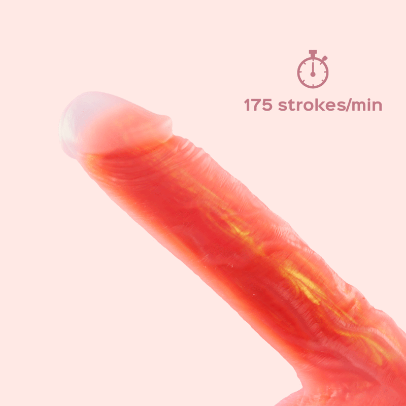 A close-up of a pinkish finger angled upward, with a stopwatch icon and "175 strokes/min" on a light pink background, illustrating the thrusting motion of the Noctura Thrusting Silicone Dildo with App Control.