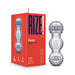 The Rize Feelz Clear Textured Stroker, a see-through male masturbator with three textured chambers, appears beside its red and blue box featuring the product image, brand "RIZE!", and "Feelz Multi-Chambered Reversible Stroker" description.