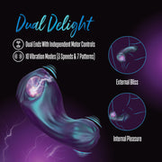 Purple dual-ended vibrator with a glowing plasma globe, showcasing external and internal use.