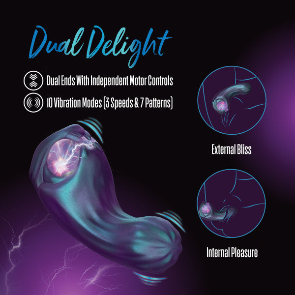 Purple dual-ended vibrator with a glowing plasma globe, showcasing external and internal use.