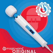 A Magic Wand Original Wand Vibrator (The Hitachi Magic Wand) with blue accents rests on a blue and red background next to an “Authorized Reseller” badge. The Magic Wand logo and “ORIGINAL” emphasize its legendary deep vibrations.