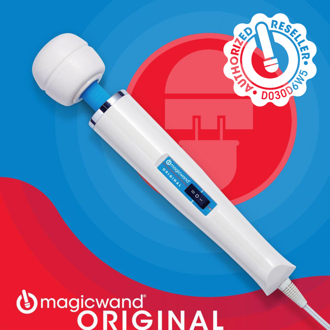 A Magic Wand Original Wand Vibrator (The Hitachi Magic Wand) with blue accents rests on a blue and red background next to an “Authorized Reseller” badge. The Magic Wand logo and “ORIGINAL” emphasize its legendary deep vibrations.