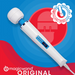 A Magic Wand Original Wand Vibrator (The Hitachi Magic Wand) with blue accents rests on a blue and red background next to an “Authorized Reseller” badge. The Magic Wand logo and “ORIGINAL” emphasize its legendary deep vibrations.