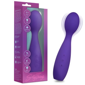 Purple UltraSilk® silicone Velvet High vibrator with flexible neck and broad head, shown with packaging.