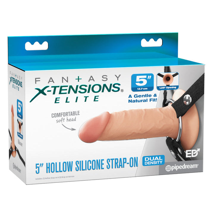 A retail box of Fantasy X-Tensions Elite Hollow 5 Inch Silicone Dildo & Strap-On Harness - Vanilla, featuring a lifelike dual-density silicone hollow dildo with a soft head and premium strap-on features.