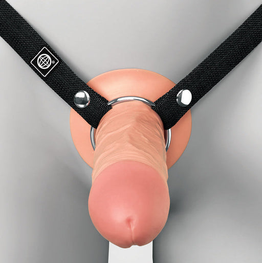 A person wearing the Fantasy X-Tensions Elite Hollow 5 Inch Silicone Dildo & Strap-On Harness in Vanilla.