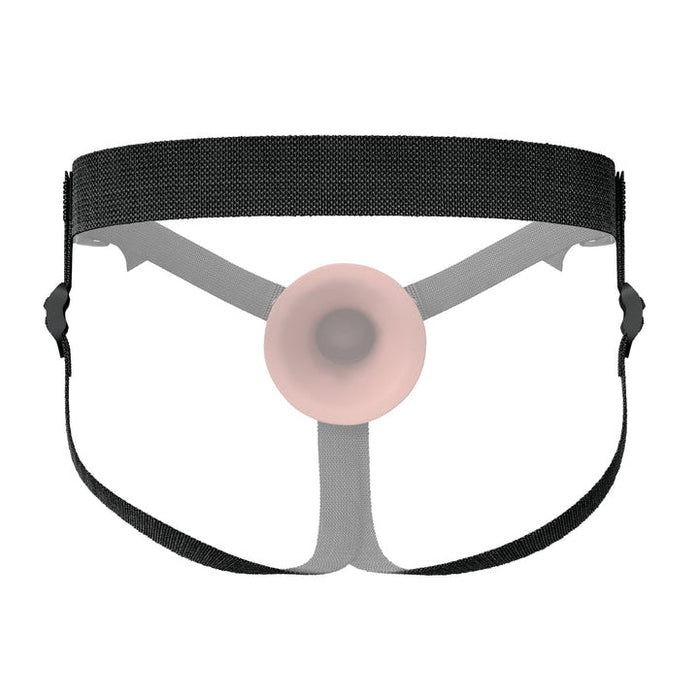 The Fantasy X-Tensions Elite Hollow 5 Inch Silicone Dildo & Strap-On Harness - Vanilla features a black adjustable harness and a central, circular, flesh-toned dual-density silicone dildo for secure comfort around the waist and between the legs.