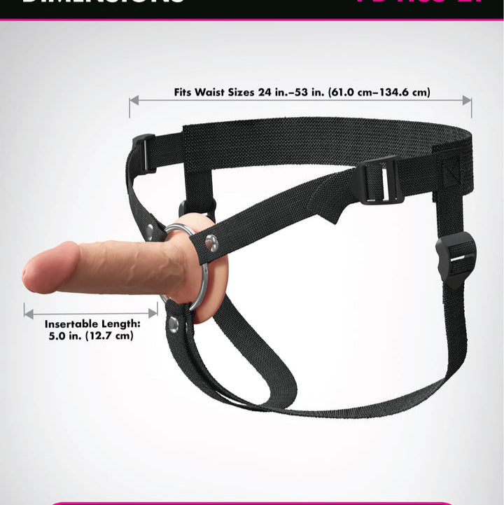 The Fantasy X-Tensions Elite Hollow 5 Inch Silicone Dildo & Strap-On Harness – Vanilla features a black adjustable harness (waist sizes 24–53 in) with a 5 in/12.7 cm realistic dual-density dildo, shown against a light background.
