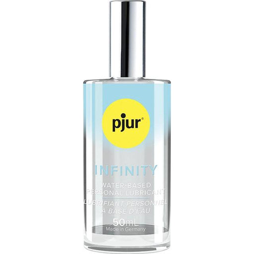 A 1.7 oz glass bottle of Pjur Infinity Water Based Lubricant with a silver cap and yellow circular logo; blue and white label emphasizes skin hydration, is condom compatible, and made in Germany.