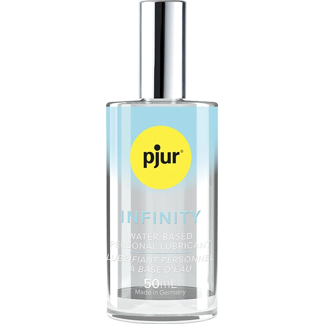 A 1.7 oz glass bottle of Pjur Infinity Water Based Lubricant with a silver cap and yellow circular logo; blue and white label emphasizes skin hydration, is condom compatible, and made in Germany.
