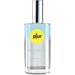 A 1.7 oz glass bottle of Pjur Infinity Water Based Lubricant with a silver cap and yellow circular logo; blue and white label emphasizes skin hydration, is condom compatible, and made in Germany.