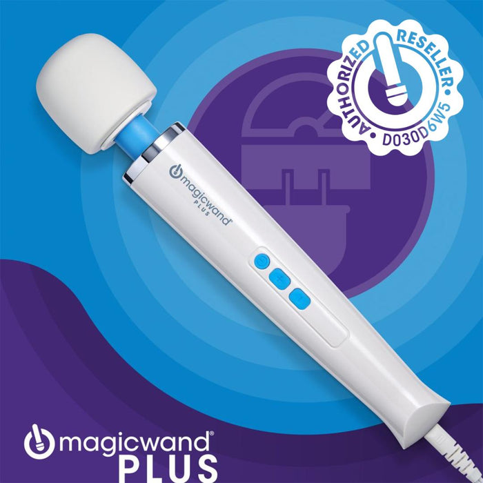 A white Magic Wand Plus 4 Speed Ultra Powerful Plug In Vibrator with blue buttons is shown diagonally on a purple and blue background. An "Authorized Reseller" badge appears at the top right, with the Magic Wand Plus logo at the bottom left.