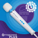 A white Magic Wand Plus 4 Speed Ultra Powerful Plug In Vibrator with blue buttons is shown diagonally on a purple and blue background. An "Authorized Reseller" badge appears at the top right, with the Magic Wand Plus logo at the bottom left.
