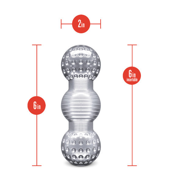 The Rize Feelz Clear Textured Stroker is a silver, cylindrical sleeve with rounded 2-inch diameter ends covered in raised bumps, a 6-inch length, and a ribbed middle section. Red measurement labels highlight key dimensions.