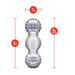 The Rize Feelz Clear Textured Stroker is a silver, cylindrical sleeve with rounded 2-inch diameter ends covered in raised bumps, a 6-inch length, and a ribbed middle section. Red measurement labels highlight key dimensions.