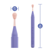 Slim lavender silicone Juno vibrator with a blush precision tip, showing dimensions.