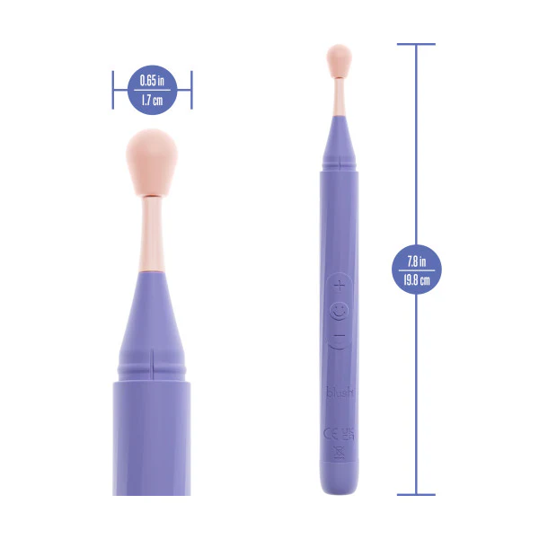 Slim lavender silicone Juno vibrator with a blush precision tip, showing dimensions.