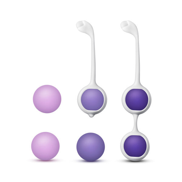 The Wellness Kegel Ball Training Kit for Pelvic Floor Health includes four round spheres in light and dark purple and two white silicone holders, each designed to hold one or two spheres. The items are displayed on a white background.