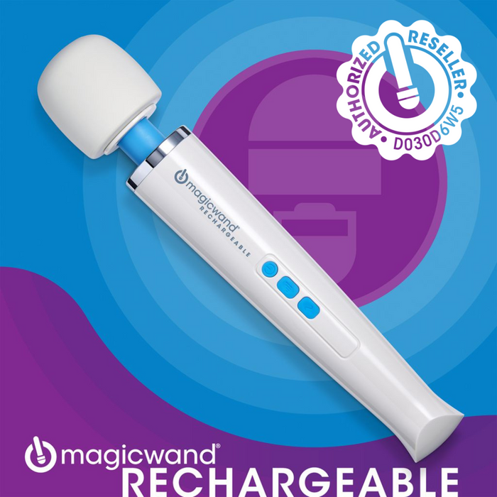 A white and blue Magic Wand Unplugged Rechargeable Cordless Wand Vibrator is centered on a purple and blue background, with an "Authorized Reseller" badge in the top right and the product name at the bottom.