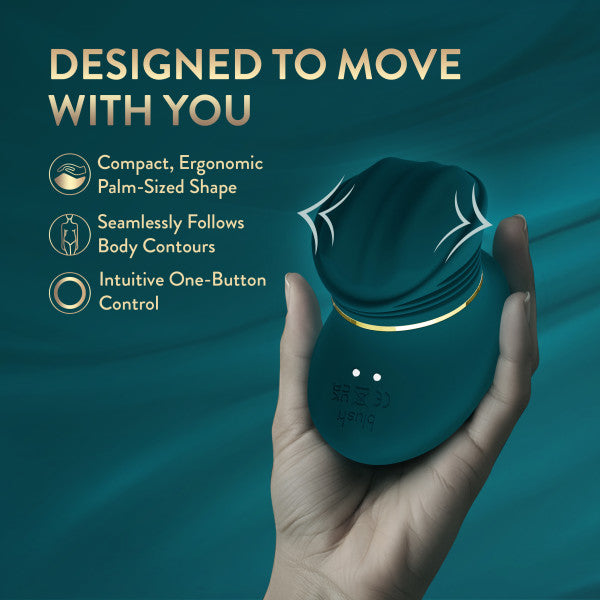 A hand holds the Riana Circular Clitoral Rubbing Vibrator, a compact, teal, palm-sized toy with a wavy top. Text highlights its ergonomic shape, seamless contouring, AutoRub technology, and one-button control on a teal background.