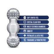 The Rize Feelz Clear Textured Stroker, a silver cylindrical male masturbator, features a soft erotic feel, crystal clear view, multi-textured chambers, snug fit, and is free from phthalates, latex, fragrance, and paraffin.