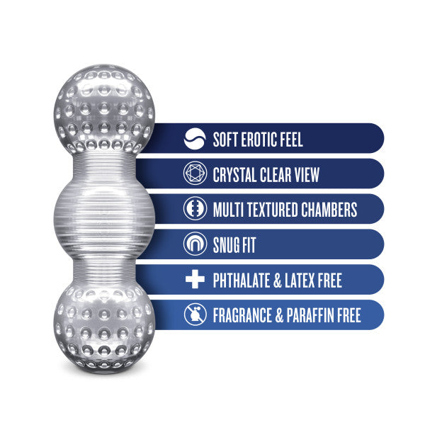 The Rize Feelz Clear Textured Stroker, a silver cylindrical male masturbator, features a soft erotic feel, crystal clear view, multi-textured chambers, snug fit, and is free from phthalates, latex, fragrance, and paraffin.
