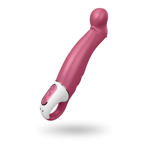 The Satisfyer Petting Hippo G-Spot Vibrator features a pink and white curved design with a bulbous tip, flexible silicone shaft, and handle control buttons, displayed against a plain white background.