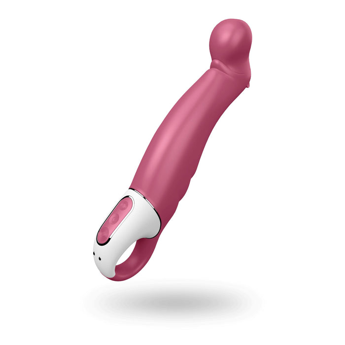 The Satisfyer Petting Hippo G-Spot Vibrator features a pink and white curved design with a bulbous tip, flexible silicone shaft, and handle control buttons, displayed against a plain white background.