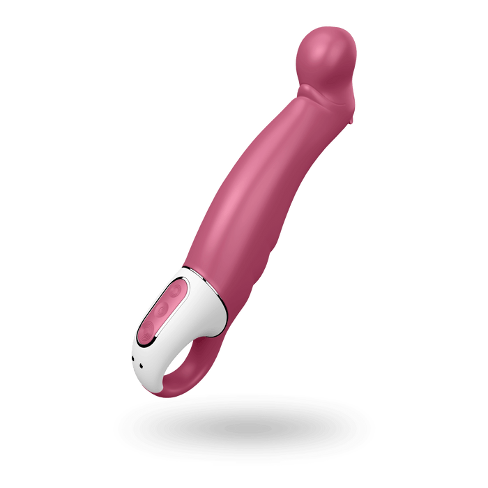 The Satisfyer Petting Hippo G-Spot Vibrator features a pink and white curved design with a bulbous tip, flexible silicone shaft, and handle control buttons, displayed against a plain white background.