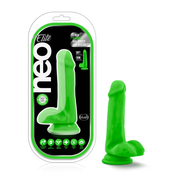 Neo 6 Inch Dual Density Dildo with Balls - Neon Green