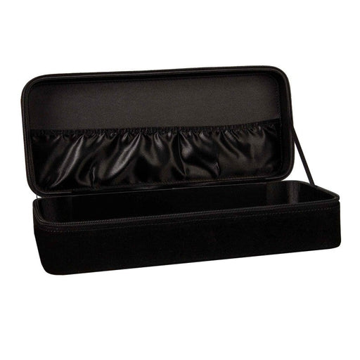 The Secret Black Velvet Sex Toy Storage Box is a black rectangular zippered case with an open lid, featuring an interior elastic pocket and empty main compartment—perfect for discreet travel storage.