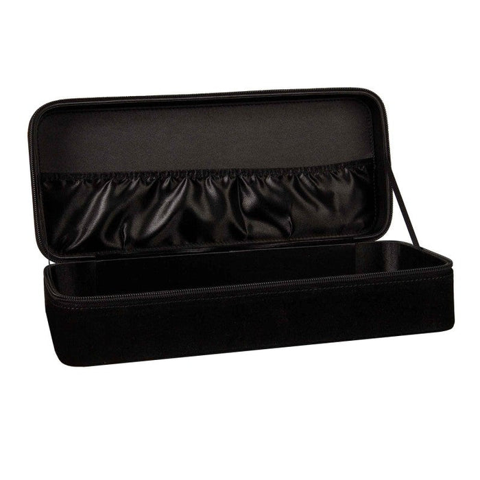 The Secret Black Velvet Sex Toy Storage Box is a black rectangular zippered case with an open lid, featuring an interior elastic pocket and empty main compartment—perfect for discreet travel storage.