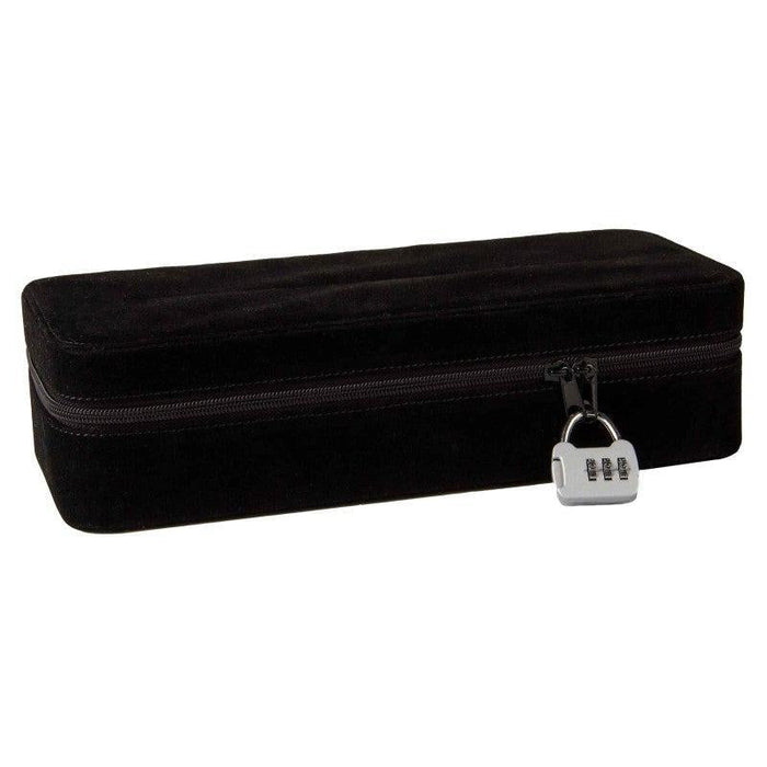 The Secret Black Velvet Sex Toy Storage Box features a coded lock securing the zipper pulls, providing discreet travel and added security for your valuables.