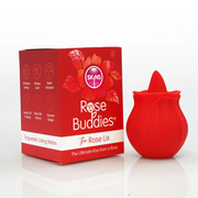 Red rose-shaped silicone vibrator next to its red box with "Rose Buddies The Rose Lix" branding.