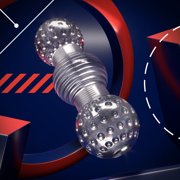 The Rize Feelz Clear Textured Stroker, with its metallic finish and studded ends, is centered on a dark blue background highlighted by bold red and white geometric shapes and lines.