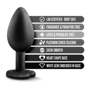 Bling Small Black Gem Heart Tipped Silicone Butt Plug