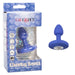 The Cheeky Gems Small Rechargeable Vibrating Butt Plug - Blue is shown with its CalExotics packaging, featuring a sparkling gem base and window display—perfect for playful backdoor enjoyment.