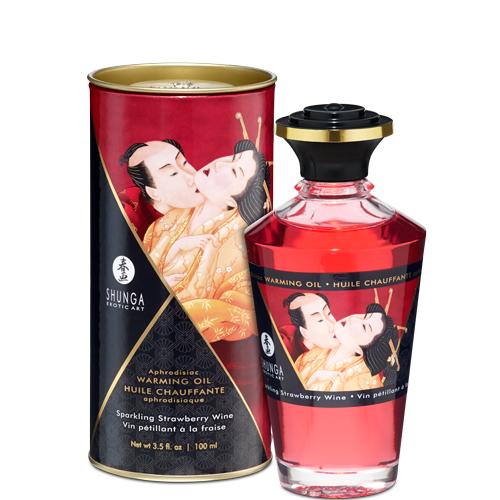 A 100 ml bottle of Aphrodisiac Cherry Warming Oil for Erogenous Zones comes in a stylish container with traditional Japanese art—this safe warming lube is ideal for enhancing intimacy.