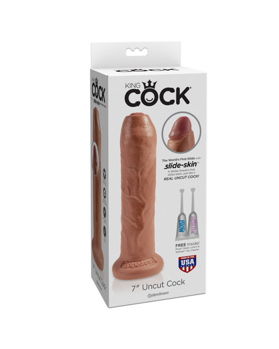 King Cock Uncut 7 Inch Suction Cup Dildo with Moving Foreskin - Caramel