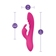 Pink UltraSilk® silicone rabbit vibrator with curved shaft, textured ridges, and flexible ears, with dimensions.