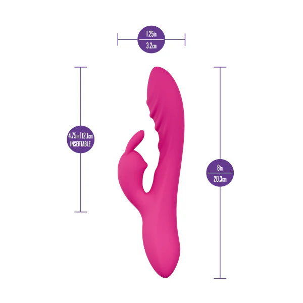 Pink UltraSilk® silicone rabbit vibrator with curved shaft, textured ridges, and flexible ears, with dimensions.