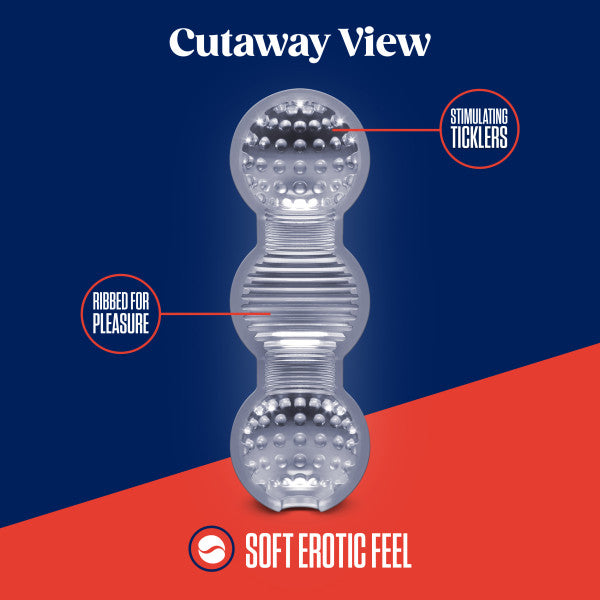 Cutaway view of the Rize Feelz Clear Textured Stroker, a translucent sleeve with “ribbed for pleasure” and “stimulating ticklers” labels, set on a split blue-red background reading “soft erotic feel.”.