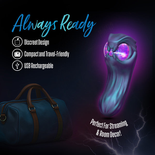 Purple dual-ended vibrator with a glowing plasma globe and sleek glass accents, next to a travel bag.