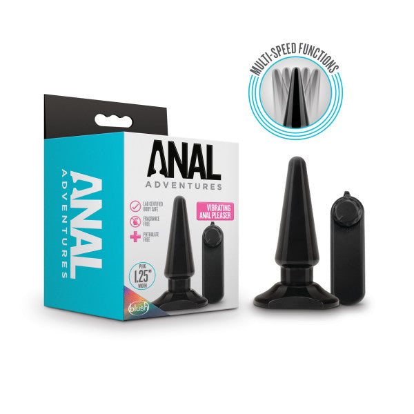 The Anal Adventures Basic Vibrating Anal Pleaser, a black vibrating butt plug with a wired remote, is shown beside its packaging, which highlights multi-speed functions and a 1.25-inch width—perfect for beginners.