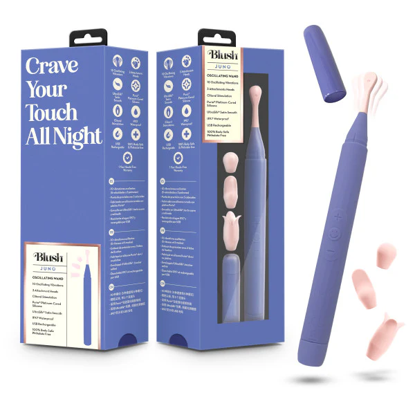 Purple silicone Juno oscillating vibrator with precision tip, cap, and three interchangeable pink attachment heads.
