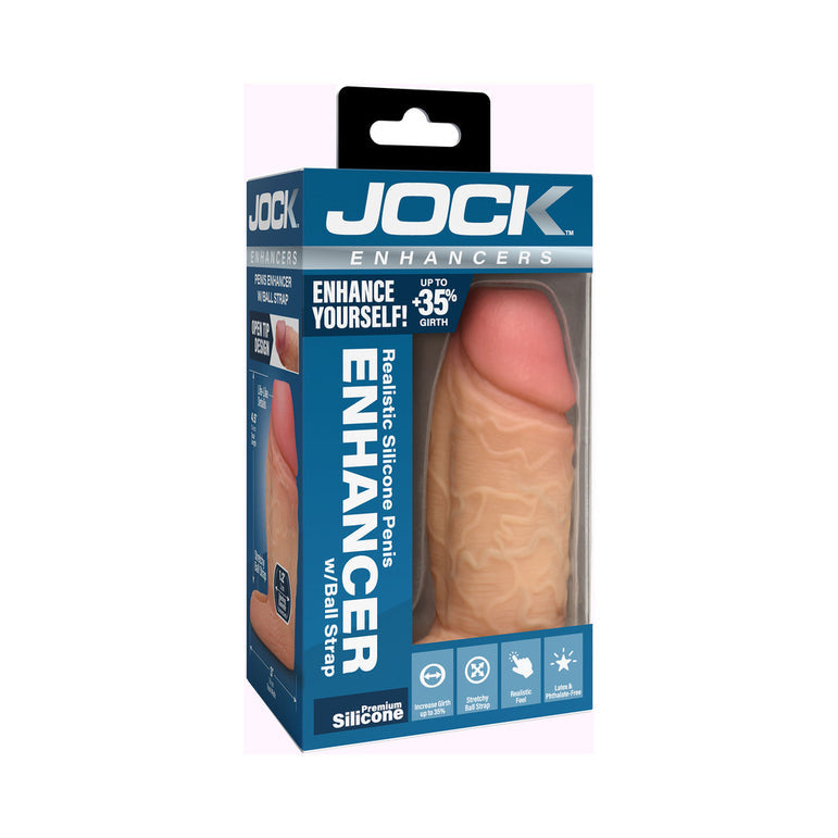 Boxed "Jock Girthy Open Ended Silicone Penis Sleeve - Vanilla" with a realistic silicone sleeve featuring lifelike veins and ball strap. Packaging highlights up to 35% added girth, body-safe silicone, and waterproof design.