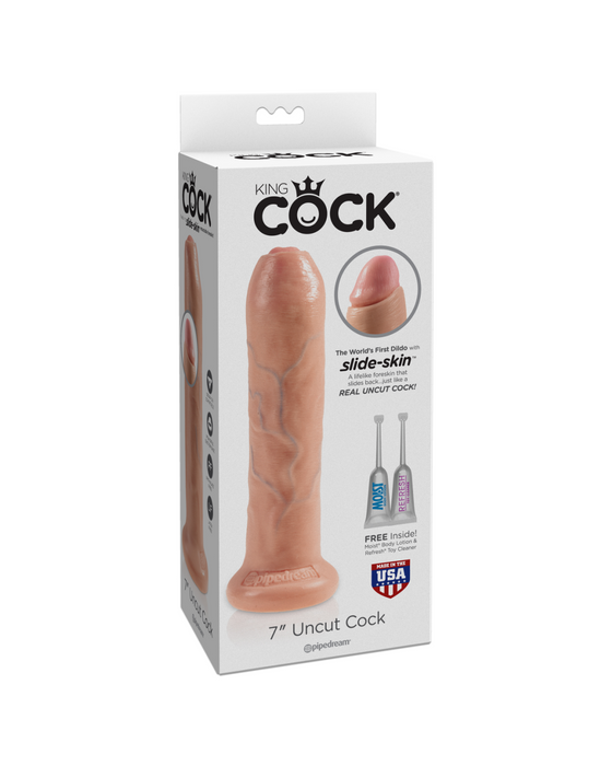 King Cock Uncut 7 Inch Suction Cup Dildo with Moving Foreskin - Vanilla