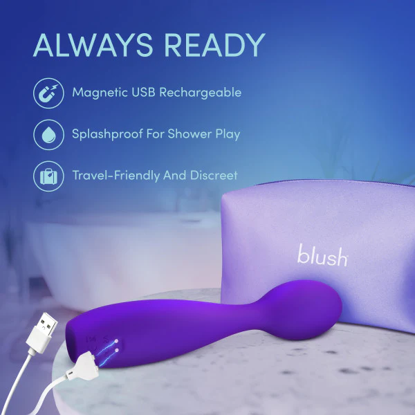 Purple UltraSilk® silicone Velvet High vibrator with flexible neck, charging via USB, next to a "blush" travel pouch.