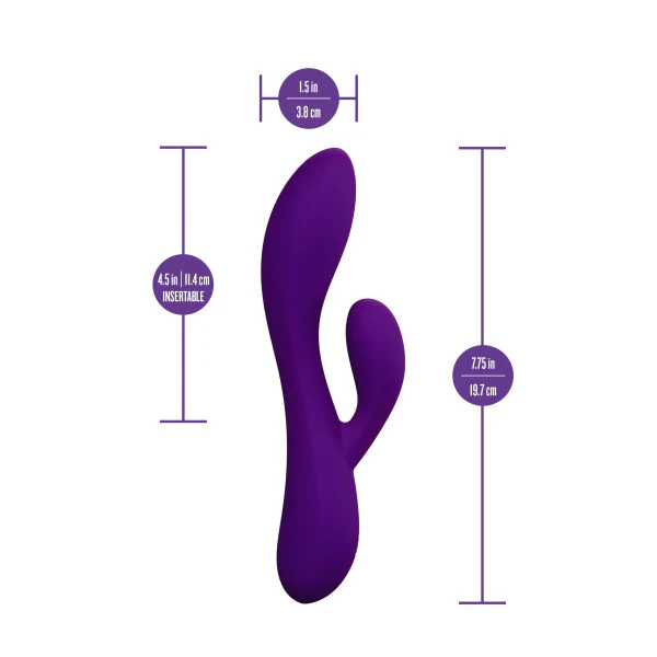 Purple UltraSilk satin-smooth silicone rabbit vibrator with curved shaft and flexible teaser, showing dimensions.