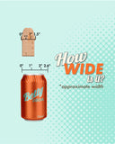 Graphic comparing the size of a Wave Rider Ripple First Time G-Spot and Prostate Silicone Dildo and a soda can with measurements, titled "how wide is it?" against a blue dotted background. The can is labeled "Betty Soda.